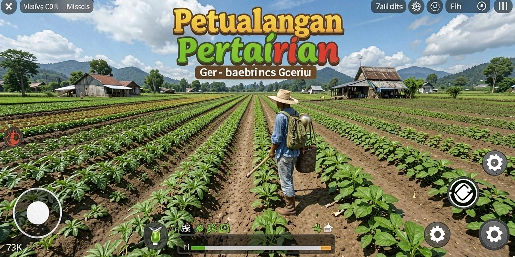 Screenshot gameplay 73K menampilkan kebun yang rimbun dan hewan ternak yang bahagia.