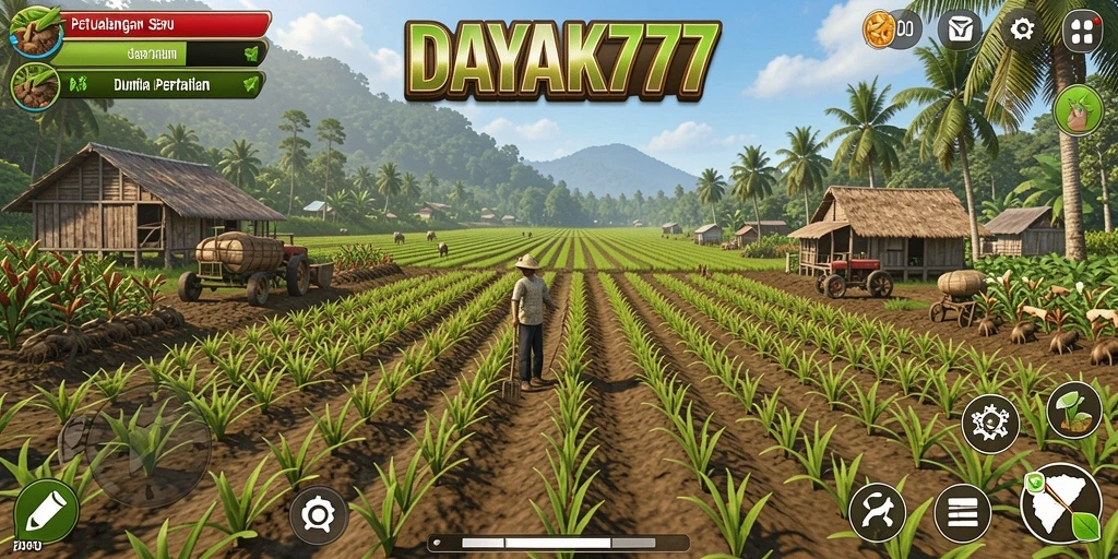 Screenshot gameplay DAYAK777 dengan tampilan ladang yang indah dan beragam aktivitas bercocok tanam.