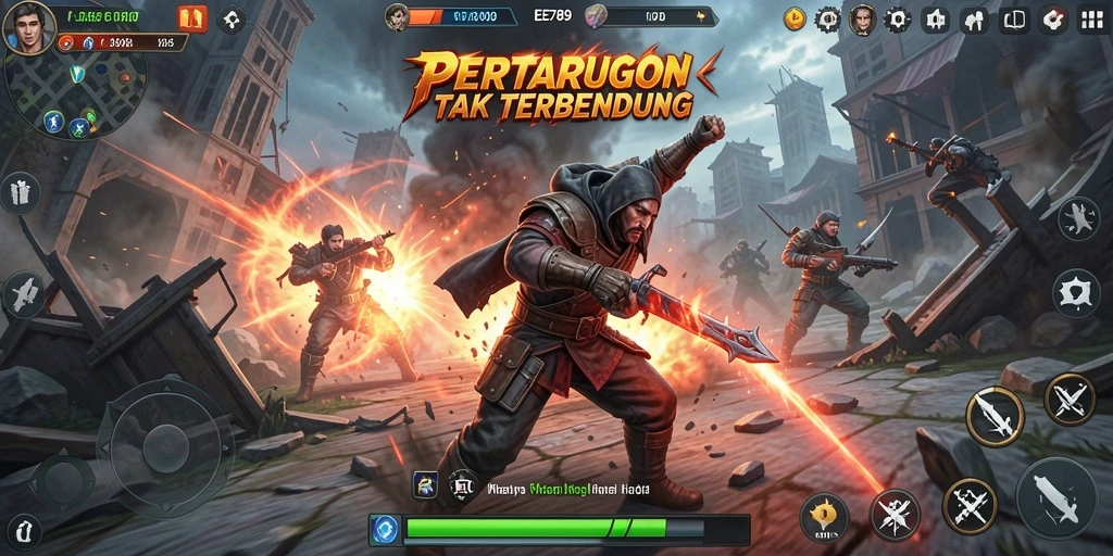 Screenshot utama EE789 menunjukkan aksi pertarungan yang mendebarkan dan karakter-karakter yang unik.