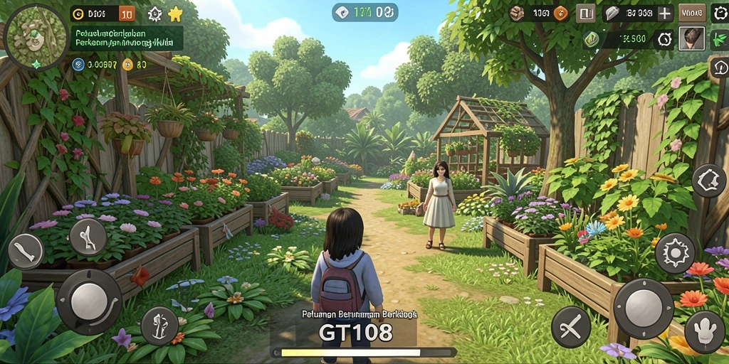 Tampilan gameplay GT108 yang menampilkan kegiatan berkebun yang seru.