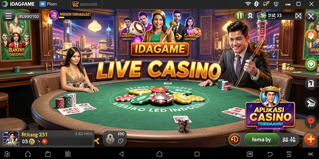 Screenshot gameplay IDAGAME yang menampilkan dealer live dan suasana kasino.