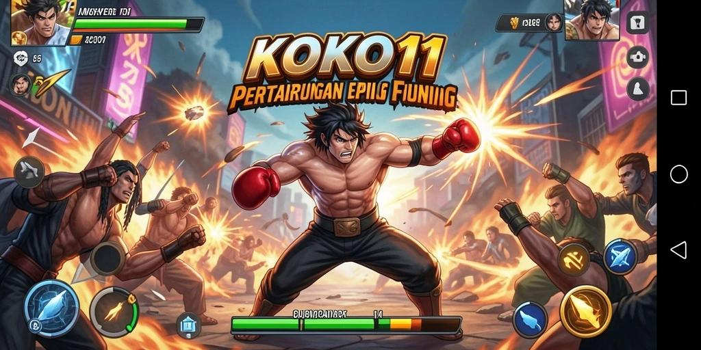 Tampilan gameplay KOKO11 yang menegangkan di arena pertarungan.