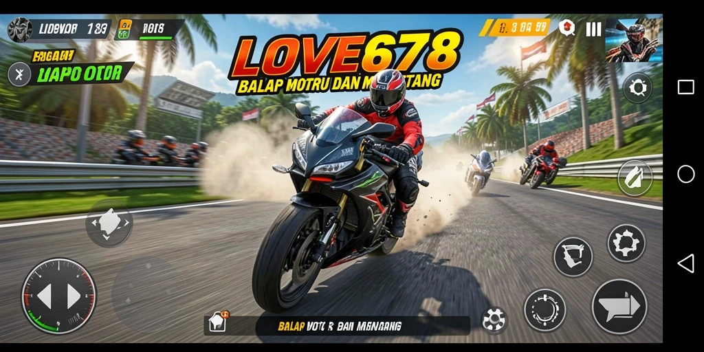 Screenshot utama LOVE678 menampilkan balapan motor yang mendebarkan dan menantang.