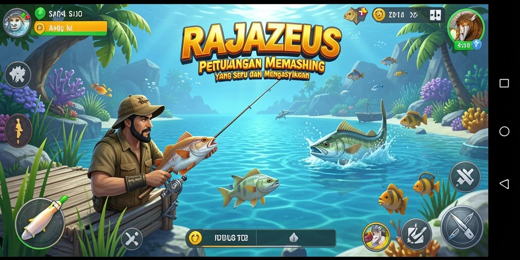 Screenshot gameplay RAJAZEUS menampilkan keseruan memancing di alam bebas.