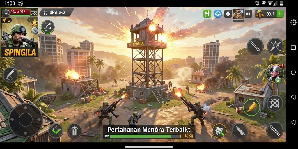 Tangkapan layar gameplay SPINGILA menampilkan aksi Tower Defense yang seru dan strategis.