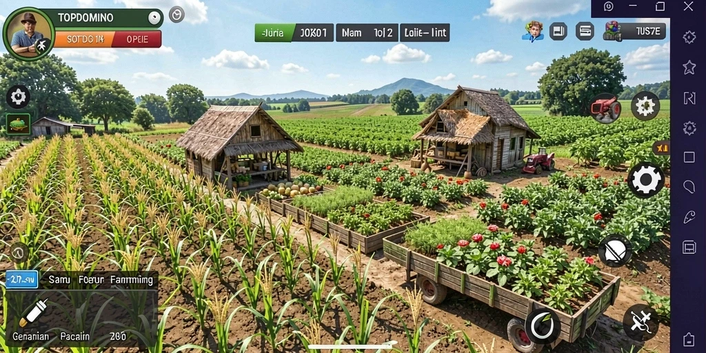 Screenshot gameplay <strong>TOPDOMINO</strong> menampilkan ladang yang subur dengan berbagai tanaman hijau.